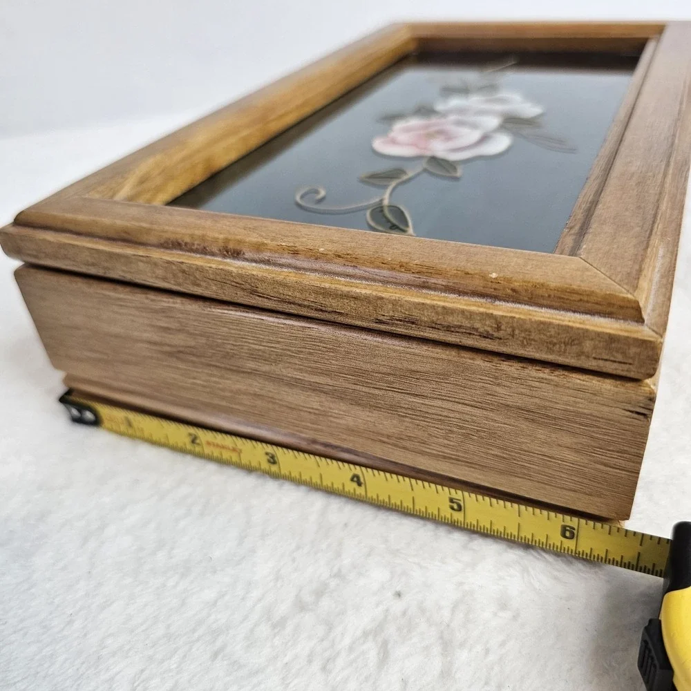Vintage Wooden And Glass Hand Painted Jewlery Box